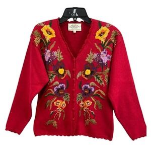 VTG Susan Bristol Cardigan 1995 Hand Embroidered‎ Red Granny Cottage Core